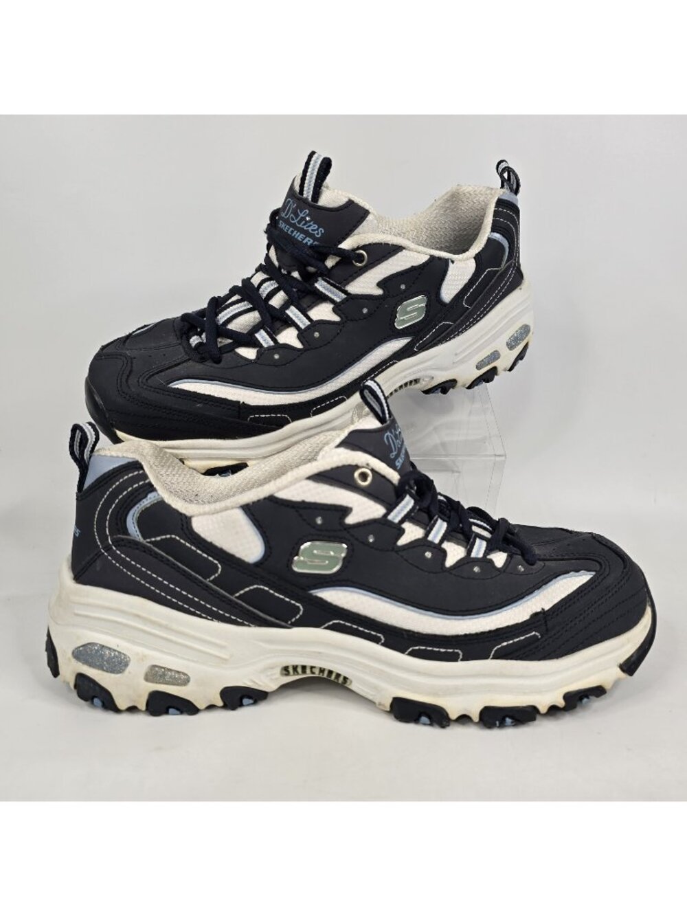 Skechers D'lite Sport  Navy/White/Silver Sparkle Shoes Women's Size 9.5EW
